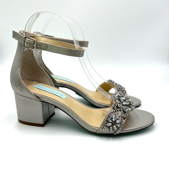 Blue Betsey Johnson Size 7 Mel Jeweled Silver Block Heels Dress Sandals Shoes - Picture 2 of 15